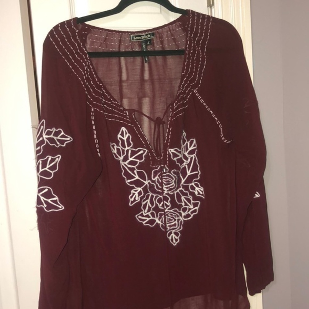 Love stitch long sleeve loose fitting peasant style top in‎ deep burgundy